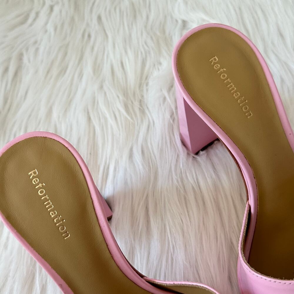 REFORMATION Georgi Block Heel Sandal Patent Leather Square Toe Mule, Pop Pink - Picture 8 of 11